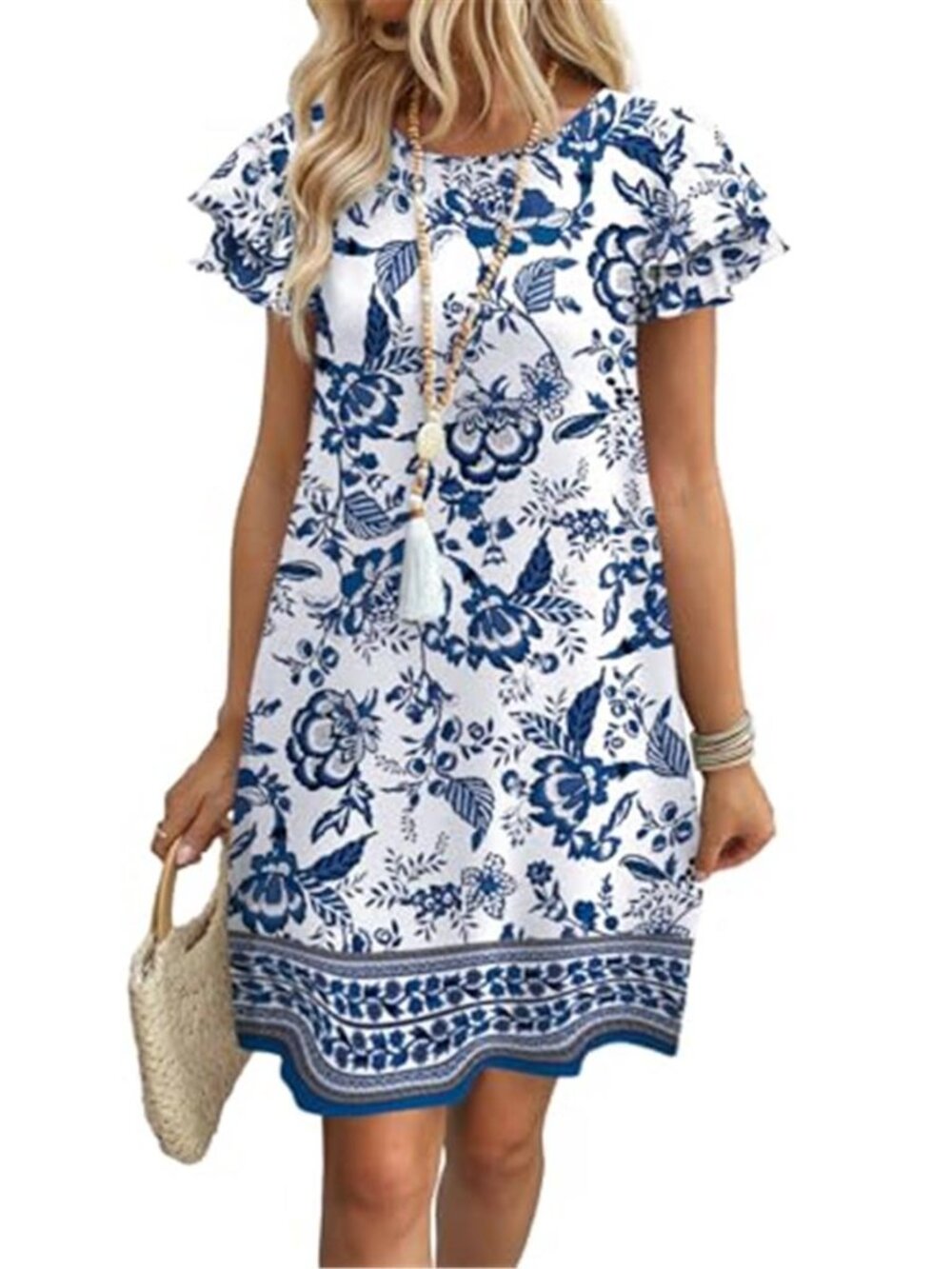 OFEEFAN Blue Floral Shift Dress Ruffle Sleeve Casual Vacation Sundress